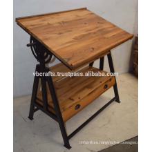 Industrial Vintage Draft Table With Drawer Reclaimed Railway sleeper wood
